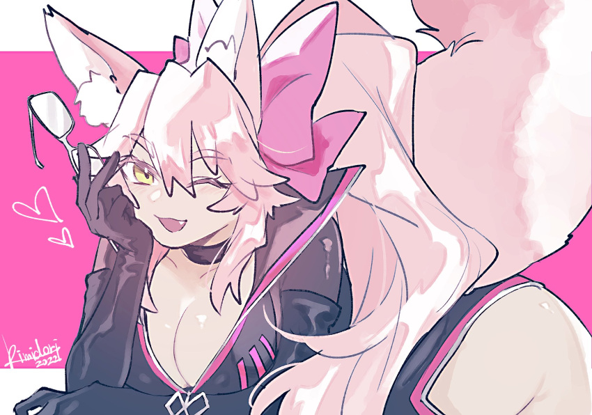 1girl animal_ear_fluff animal_ears black_bodysuit bodysuit bow breasts center_opening cleavage collarbone dated eyewear_strap fang fate/grand_order fate_(series) fox_ears fox_girl fox_tail glasses grey-framed_eyewear hair_ribbon heart highres hip_vent kimidorix32 koyanskaya_(assassin)_(first_ascension)_(fate) large_breasts long_hair looking_at_viewer one_eye_closed open_bodysuit open_mouth pink_bow pink_hair pink_ribbon ribbon side_ponytail signature solo tail tamamo_(fate)