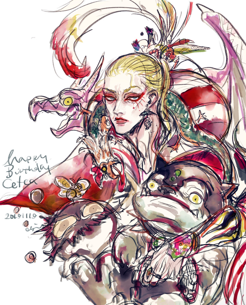 1boy absurdres blonde_hair bomb_(final_fantasy) cefca_palazzo clown earrings facepaint feathers final_fantasy final_fantasy_vi happy_birthday highres jewelry lipstick long_hair makeup monster oju_(ouka) serious square_enix