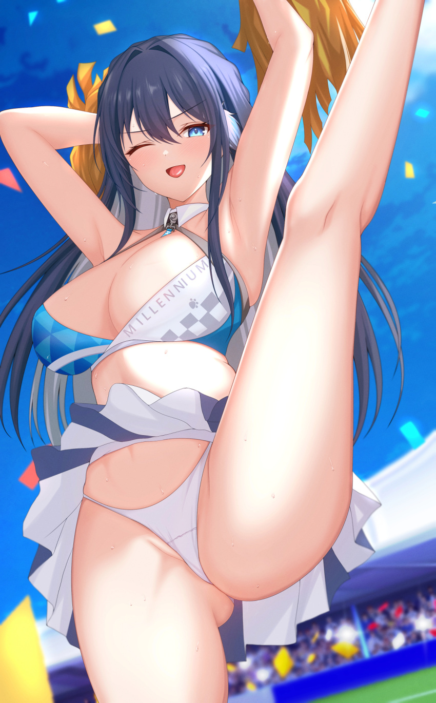 1girl alternate_costume arknights armpits arms_up astesia_(arknights) bare_legs bikini bikini_top_only bleachers blue_eyes blue_hair blue_skirt blue_sky blush breasts camera_flash cheerleader chinese_commentary cleavage confetti crowd day feet_out_of_frame hair_intakes high_kick highres holding holding_pom_poms kicking large_breasts long_hair looking_at_viewer miniskirt open_mouth outdoors panties pleated_skirt pom_pom_(cheerleading) race_queen sidelocks skirt sky smile solo standing standing_on_one_leg sweat swimsuit thighs tongue two-tone_skirt underwear upskirt white_panties white_skirt wing228