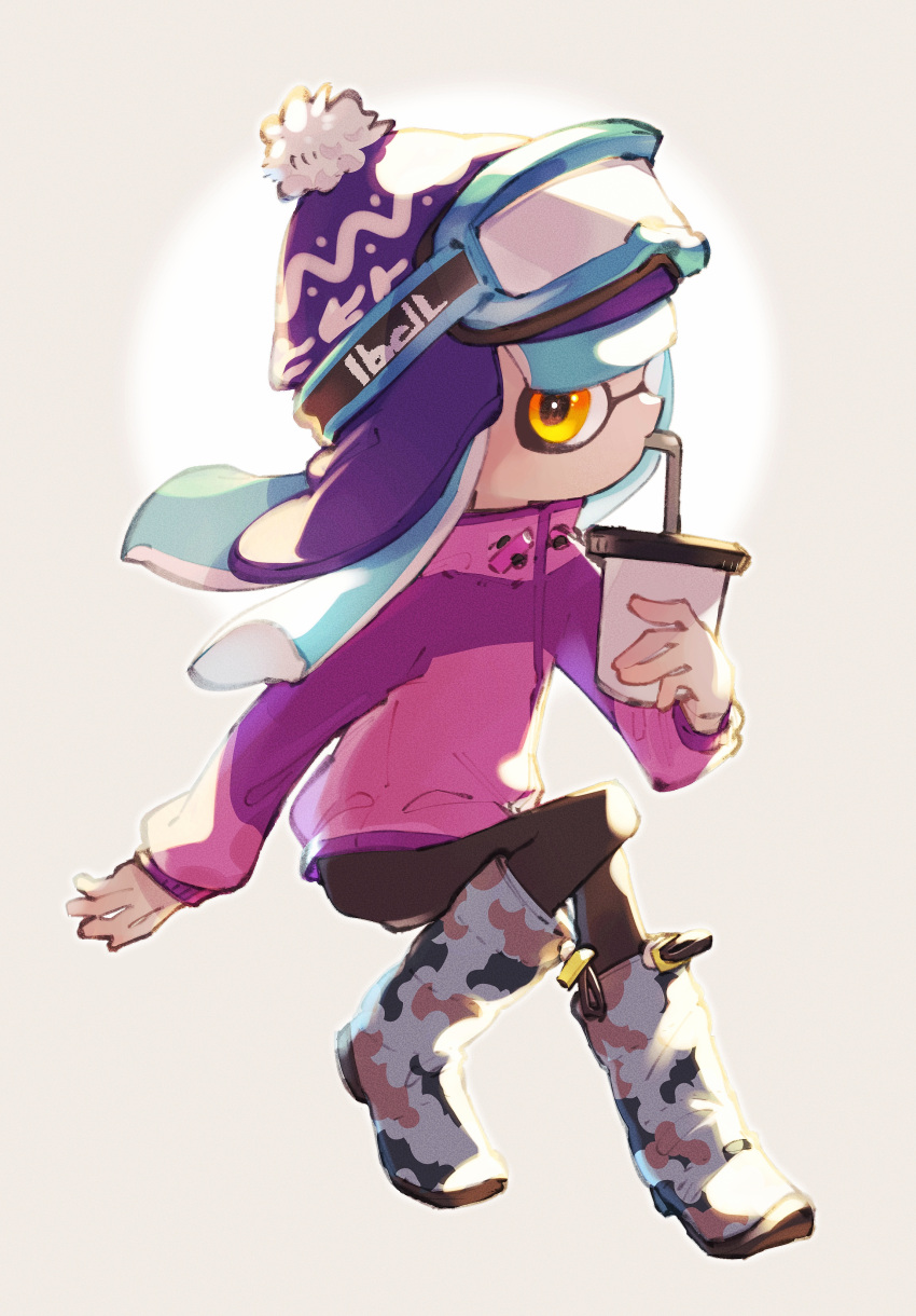 1girl absurdres blue_hair bobblehat boots camouflage camouflage_footwear cup drinking_straw drinking_straw_in_mouth full_body goggles goggles_on_headwear hat highres holding holding_cup inari1369 inkling inkling_girl light_blue_hair long_hair long_sleeves purple_headwear ski_goggles solo splatoon_(series) tentacle_hair yellow_eyes