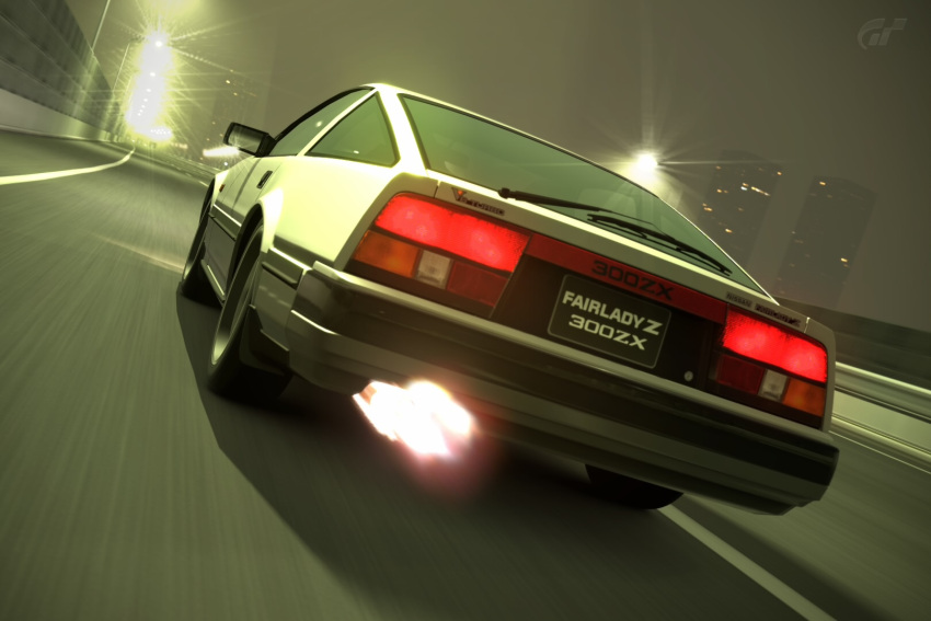 building car city city_lights cityscape commentary dark dutch_angle exhaust_pipe fire from_behind game_screenshot gran_turismo ground_vehicle highres highway imanezumi1 lamppost license_plate mirror motor_vehicle night nissan nissan_300zx nissan_fairlady_z no_humans original road scenery side_mirror sky skyscraper sports_car tail_lights tire vehicle_focus wheel windshield