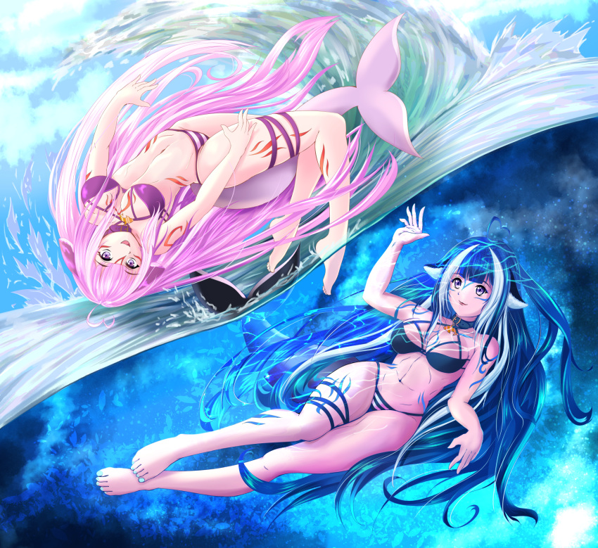 1girl ahoge alternate_color alternate_hair_color animal_ears arm_tattoo belt_collar bikini black_hair blue_bikini blue_collar breasts cetacean_tail chest_tattoo cleavage codael collar criss-cross_halter facial_tattoo fish_tail halterneck heart heart_ahoge highres indie_virtual_youtuber large_breasts leg_tattoo looking_at_viewer multicolored_hair navel open_mouth orca_girl pink_bikini pink_collar pink_hair purple_eyes shylily streaked_hair striped striped_bikini swimsuit tail tattoo thigh_strap virtual_youtuber water white_hair