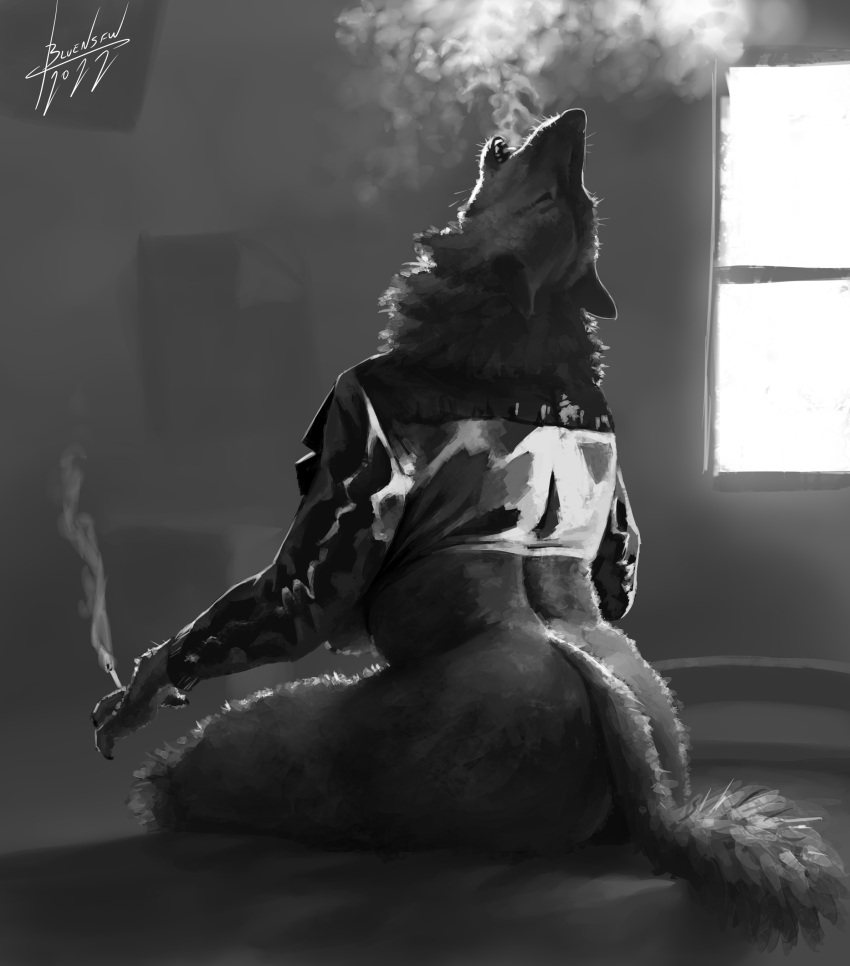 2022 absurd_res anthro artist_name bed blulesnsfw bottomless breasts butt canid canine canis cigarette claws clothed clothing digital_media_(artwork) female fingers fur furniture hi_res holding_cigarette holding_object inside jacket mammal monochrome on_bed open_mouth shaded shadow signature sitting sitting_on_bed smoke smoke_from_mouth smoking solo topwear window wolf