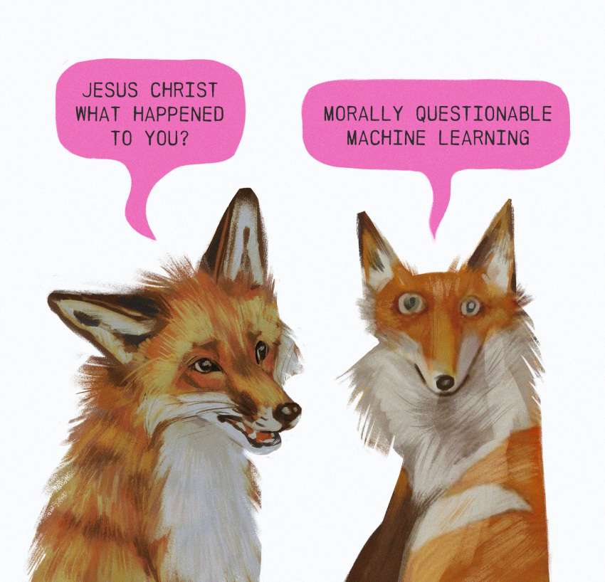 ai_assisted_artwork ambiguous_gender blue_eyes canid canine colored countershading digital_media_(artwork) digital_painting_(artwork) duo english_text feral fox fur hi_res humor lineless lycanium mammal orange_body orange_fur realistic_feral shaded simple_background speech_bubble text white_background white_body white_countershading