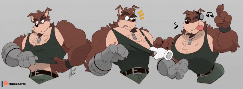 activision anthro bandicoot belt bottomwear brown_body brown_fur chest_tuft clothing crash_bandicoot_(series) crunch_bandicoot cybernetic_arm cybernetic_limb disembodied_hand eyebrows facial_hair fur ghost_hands goatee headphones hikazedragon male mammal marsupial muscular muscular_anthro muscular_male musical_note nipples pants pecs shirt solo tag tank_top topwear tuft video_games wristband