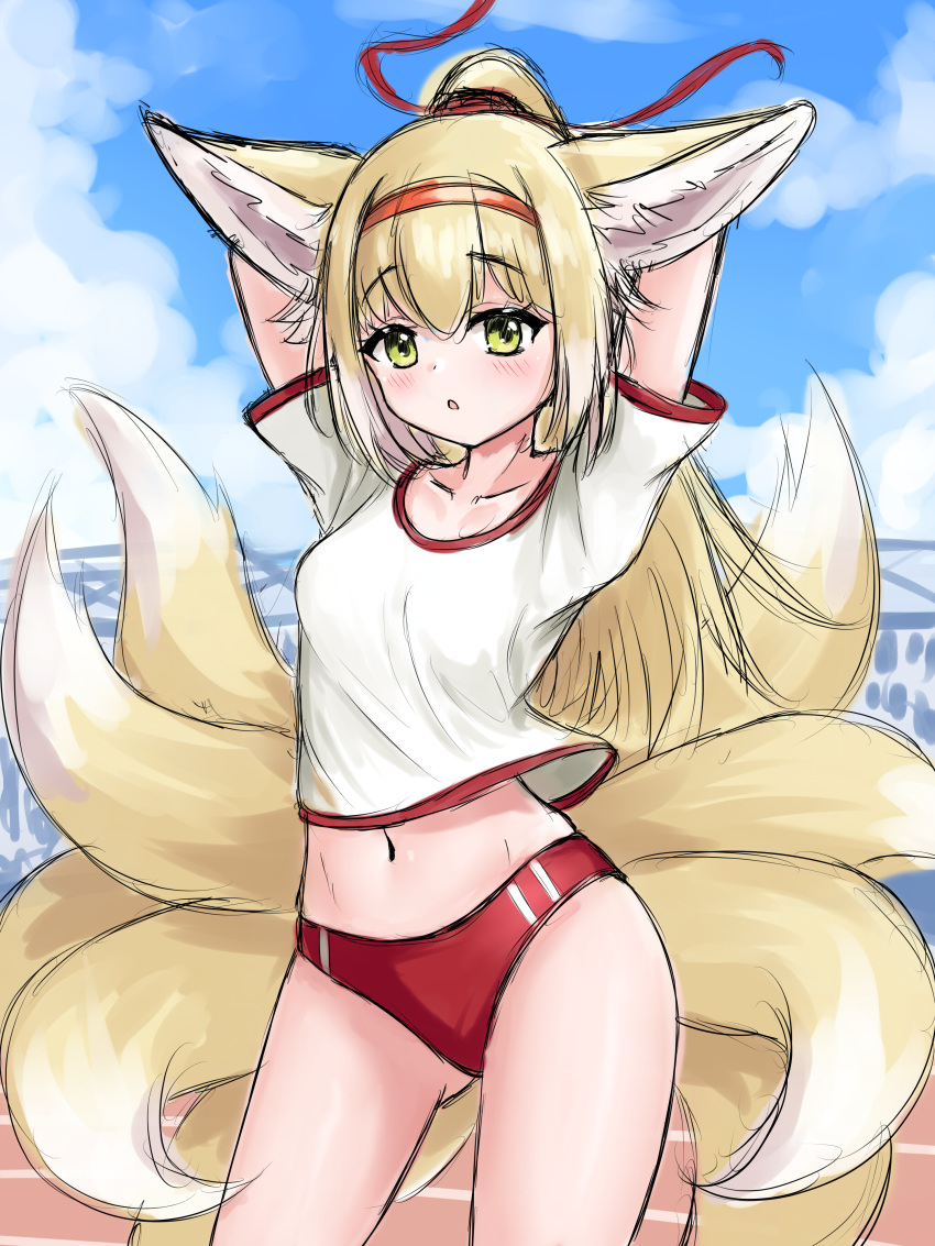 1girl :o absurdres animal_ears arknights arms_behind_head arms_up ass_visible_through_thighs bangs blonde_hair blue_sky blush breasts buruma cloud collarbone commentary day english_commentary fox_ears fox_girl fox_tail green_eyes gym_shirt gym_uniform hair_between_eyes highres kitsune long_hair looking_at_viewer midriff navel outdoors parted_lips ponytail red_buruma rylaera shirt sky small_breasts solo standing suzuran_(arknights) tail very_long_hair
