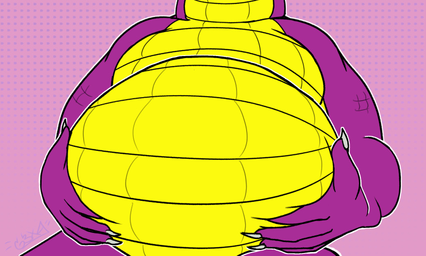 alligator alligatorid anthro belly belly_grab belly_jiggle belly_scales crocodilian g3xa hi_res jiggling male purple_body purple_scales reptile scales scalie sergio_the_buff sitting solo yellow_belly yellow_body yellow_scales