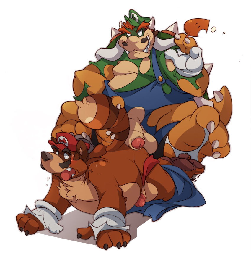 anthro balls belly blush brother brothers canid canine claws clothing dominant dominant_male duo facial_hair genitals hat headgear headwear hi_res horn koopa kuma luigi male male/male mammal mario mario_bros mustache nintendo open_mouth penis raccoon_dog scalie sibling smile tanuki torn_clothing video_games