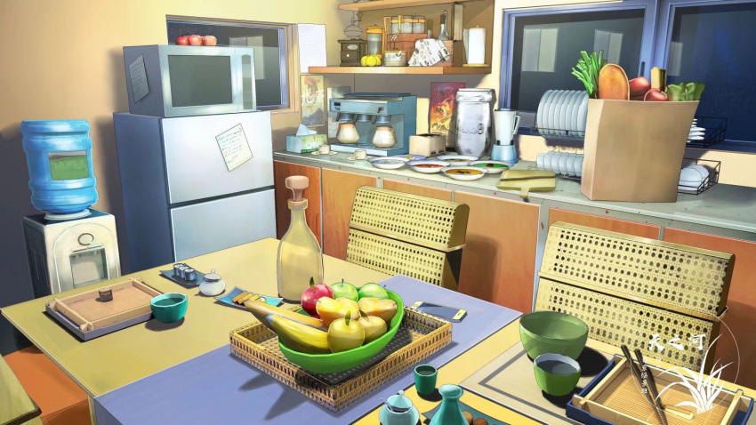 bag banana blender bottle bowl chair coffee_maker_(object) counter dining_room dishes food fruit groceries grocery_bag highres indoors microwave no_humans original plate refrigerator scenery shelf shopping_bag table vegetable window xingzhi_lv