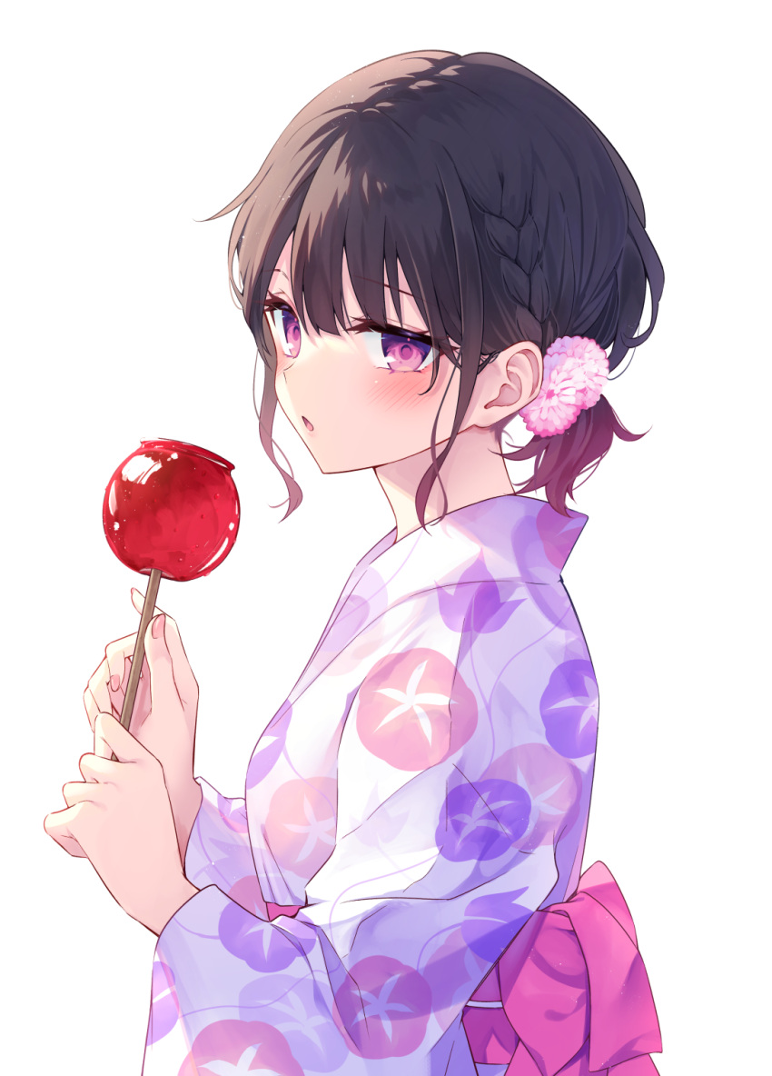 1girl bangs black_hair braid candy_apple floral_print flower food from_side hair_between_eyes hair_flower hair_ornament highres holding holding_food japanese_clothes kimono long_sleeves obi original parted_lips pink_flower print_kimono purple_eyes sash simple_background solo tetsu_tissue upper_body white_background white_kimono wide_sleeves