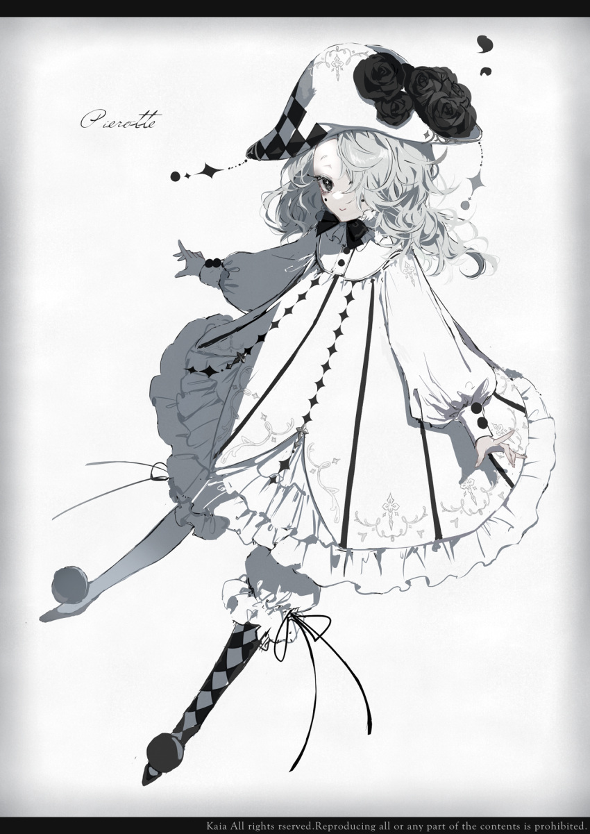 1girl 81kaia bangs black_border black_eyes border closed_mouth colored_skin curly_hair dress full_body grey_hair hair_over_one_eye hat highres jester_cap long_bangs long_hair long_sleeves one_eye_covered original pierrot smile solo white_background white_dress white_skin white_theme