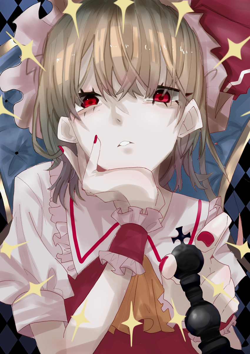 1girl ascot blonde_hair board_game chess chess_piece collared_shirt flandre_scarlet frilled_shirt_collar frills gojira_(user_rsfx5445) hair_between_eyes hand_on_own_chest hat highres holding_chess_piece king_(chess) looking_at_viewer mob_cap nail_polish on_chair open_mouth playing_chess puffy_short_sleeves puffy_sleeves red_eyes red_nails red_vest shirt short_sleeves solo touhou upper_body vest white_headwear white_shirt wrist_cuffs yellow_ascot