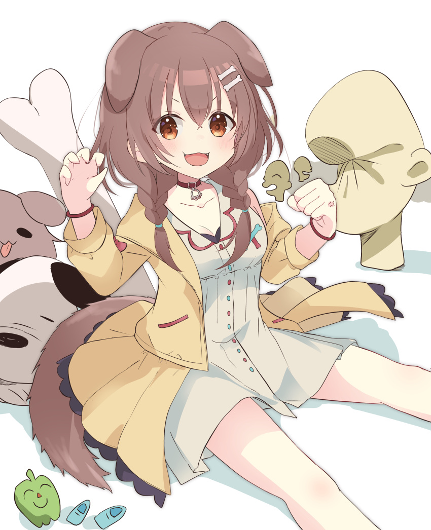 1girl :3 :d absurdres animal_collar animal_ears bangs bone_hair_ornament bracelet braid breasts brown_eyes brown_hair claw_pose cleavage clenched_hand collar dog_ears dog_girl dog_tail dress extra_ears fangs hair_between_eyes hair_ornament hairclip highres hololive inugami_korone inugami_korone_(dog) jacket jewelry listener_(inugami_korone) long_hair looking_at_viewer low_twin_braids low_twintails medium_breasts mononobe_no_futo off_shoulder open_clothes open_jacket open_mouth red_collar red_socks sake-meron short_dress single_bare_shoulder sitting sleeveless sleeveless_dress smile socks solo tail twin_braids twintails v-shaped_eyebrows virtual_youtuber white_dress yellow_jacket yubi_yubi_(inugami_korone)