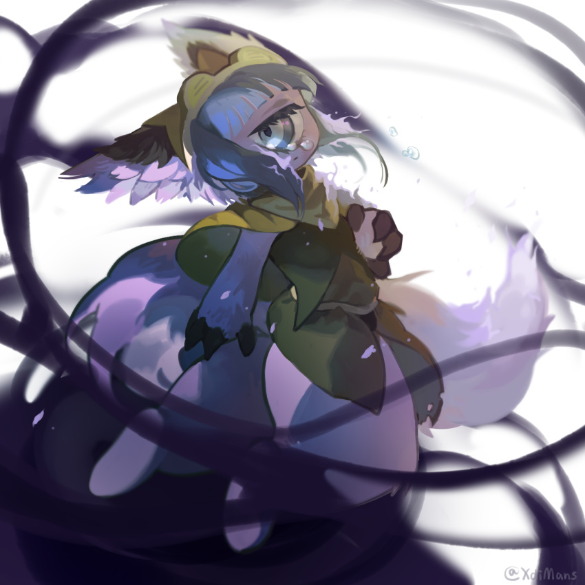 1girl animal_ears bandana bangs belt blue_eyes blue_hair blunt_bangs brown_bandana brown_capelet brown_shirt capelet closed_mouth crying crying_with_eyes_open cyclops expressionless floating full_body furry highres looking_at_viewer made_in_abyss medium_hair mihuatang231 one-eyed pakkoyan purple_fur shirt sidelocks signature solo tail tears twitter_username