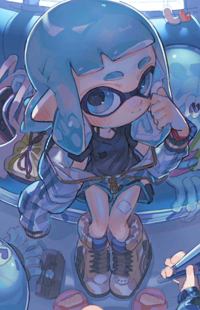 1girl aspara bandaged_leg bandages bangs black_shirt black_shorts blue_eyes blue_hair blunt_bangs blush closed_mouth cross-laced_footwear dolphin_shorts from_above grey_footwear highres inkling inkling_girl jacket_pull jellyfish_(splatoon) long_hair looking_at_viewer pointy_ears pov shirt shoes shorts sitting smile solo splatoon_(series) splatoon_2 tentacle_hair train_interior zipper