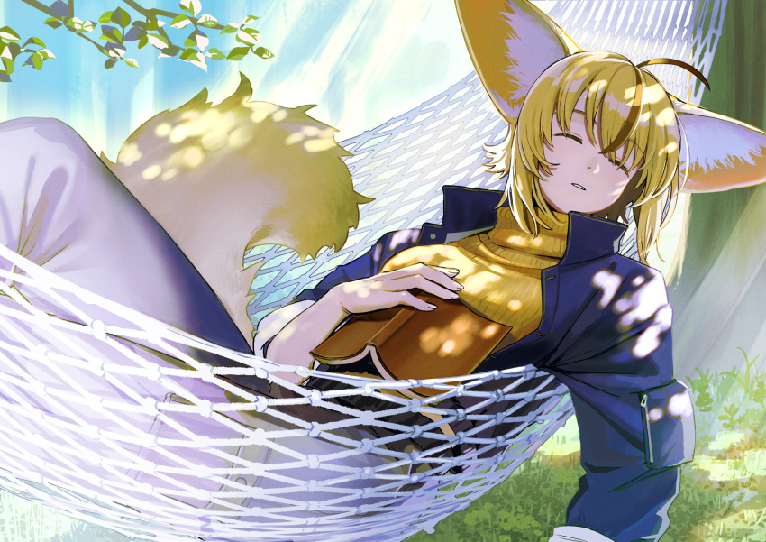 1girl ahoge animal_ear_fluff animal_ears blonde_hair book branch brown_hair closed_eyes dappled_sunlight fingernails grass hair_between_eyes hammock highres light_rays lying multicolored_hair nashigaya_koyomi on_back open_book original outdoors parted_lips short_hair sleeping solo streaked_hair sunlight tail teeth tree zipper zipper_pull_tab