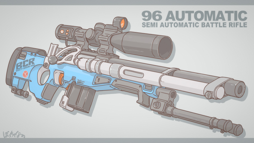 bipod bocchi-ya-nawi commentary_request grey_background gun highres no_humans original rifle scope signature sniper_rifle sniper_scope weapon weapon_focus