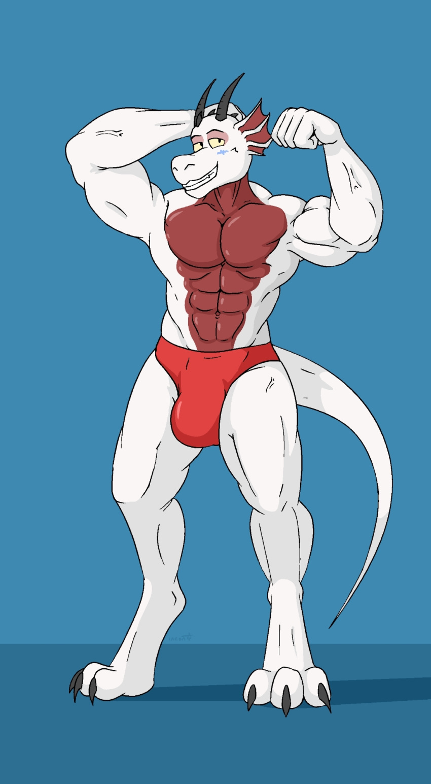 anthro blue_blush blush bulge clothed clothing digitigrade dragon ear_fins fin footwear hi_res horn inconspicuous isaac_hanson male muscular red_body red_clothing red_scales scales solo speedo swimwear topless topless_male vein veiny_muscles white_body white_scales