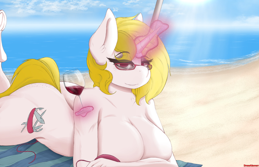 absurd_res alcohol anthro beach beverage big_breasts breasts butt cloud container cup drawalaverr drinking_glass equid equine eyewear fan_character female glass glass_container glass_cup glasses hi_res horn light looking_at_viewer lying mammal mature_female nude seaside seductive sky solo sunbathing sunglasses sunlight towel unicorn wave wine wine_glass