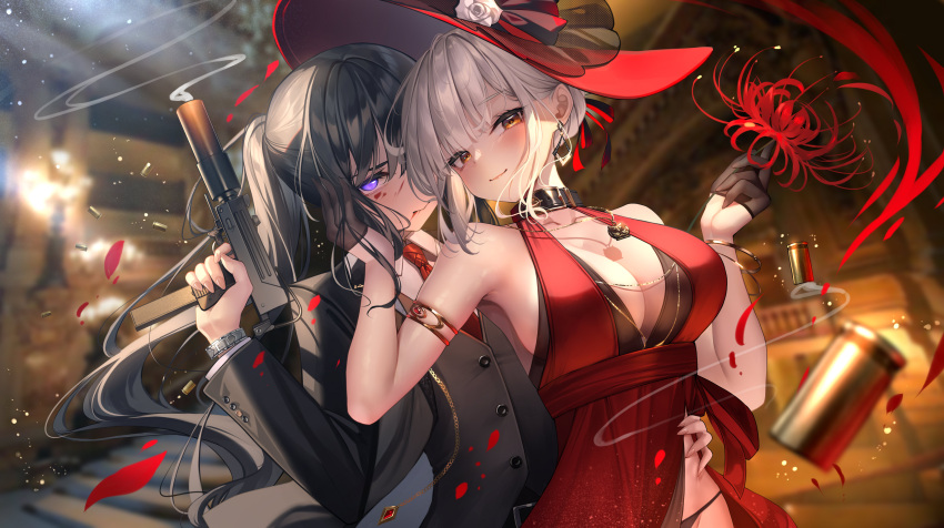 2girls absurdres armlet bangs bare_shoulders black_collar black_gloves black_hair black_jacket blood blood_on_face blurry blurry_background blush breasts cleavage closed_mouth collar dress earrings flower gloves gun hair_behind_ear half_gloves hand_on_another's_face hand_on_another's_waist highres holding holding_flower holding_gun holding_weapon inoue_takina jacket jewelry large_breasts long_hair long_sleeves looking_at_viewer lycoris_recoil meion multiple_girls necklace necktie nishikigi_chisato panties panty_peek ponytail purple_eyes red_dress red_flower red_headwear red_necktie shell_casing shirt short_hair sleeveless sleeveless_dress smoke smoking_gun spider_lily underwear upper_body weapon white_hair white_shirt yellow_eyes