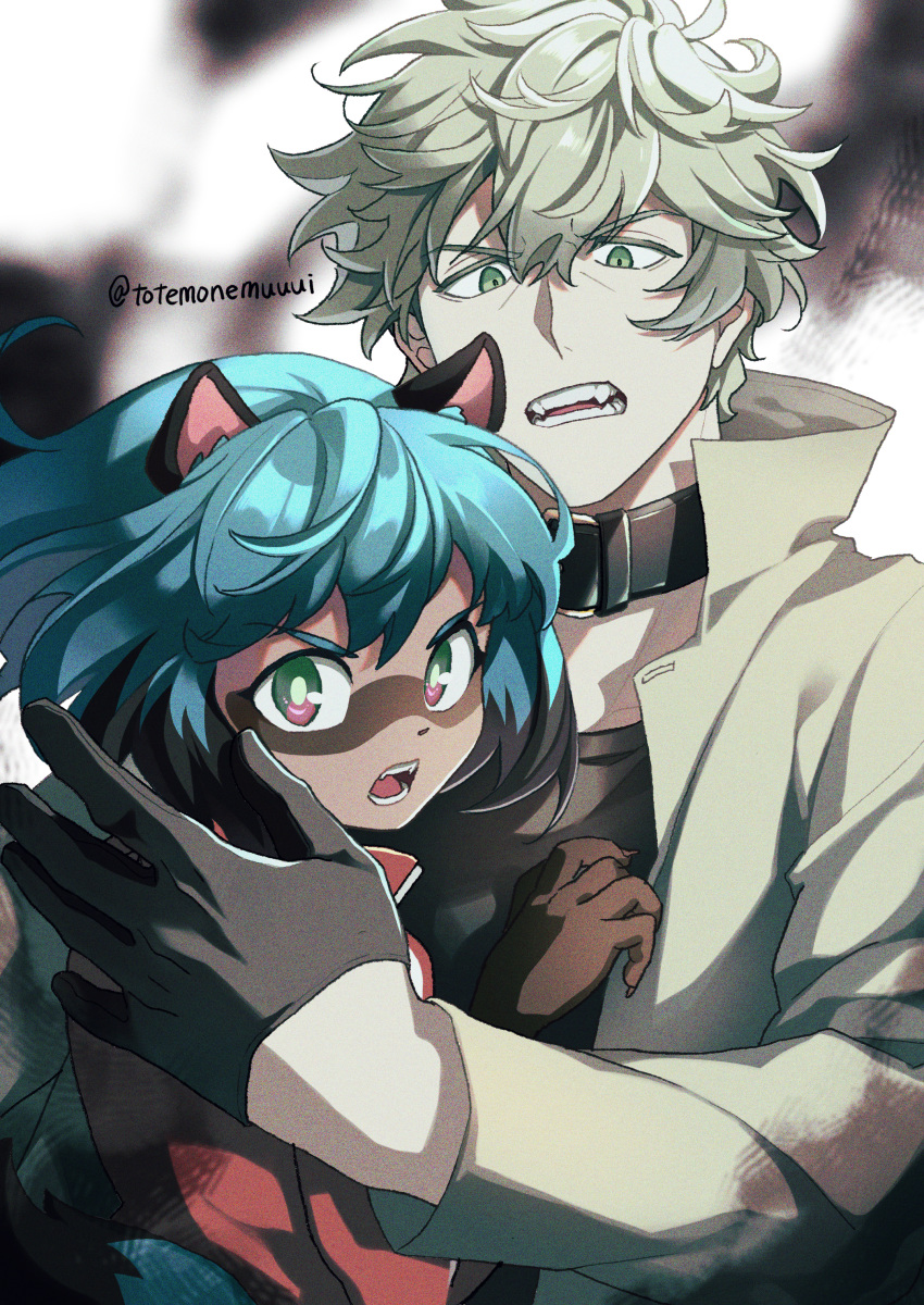 1boy 1girl absurdres animal_ears animal_nose black_collar black_gloves black_shirt blue_eyes blue_hair body_fur brand_new_animal brown_fur coat collar fangs furry furry_female gloves green_eyes highres hug kagemori_michiru light_green_hair ogami_shirou open_mouth pink_eyes raccoon_ears raccoon_girl raccoon_tail shirt short_hair tail tanuki teeth totemonemuuui