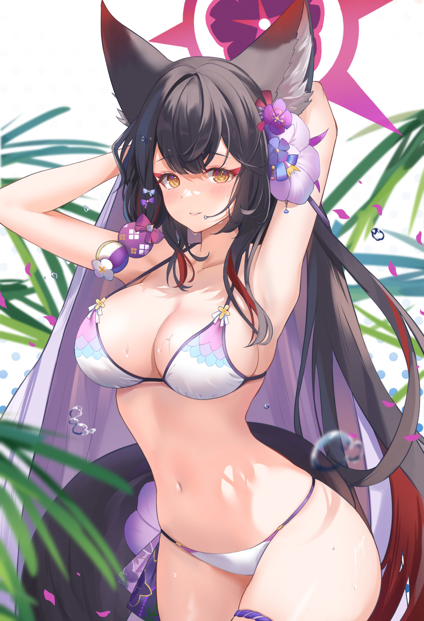 1girl absurdres animal_ear_fluff animal_ears armpits arms_up bikini black_hair blue_archive blush breasts brown_eyes cleavage collarbone cowboy_shot eyeshadow flower fox_ears grin hair_flower hair_ornament halo highres large_breasts long_hair looking_at_viewer makeup multicolored_hair navel slit_pupils smile solo sora01o streaked_hair swimsuit very_long_hair wakamo_(blue_archive) wet