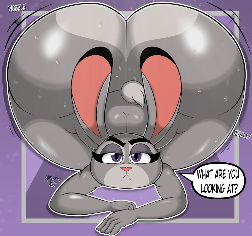 absurd_res anthro bent_over big_butt black_pupils bodily_fluids butt disney english_text exclamation_point female frown grey_body half-closed_eyes hi_res huge_butt huge_thighs judy_hopps kneeling lagomorph leporid looking_at_viewer mammal mrxrickyx narrowed_eyes nude onomatopoeia pupils purple_eyes question_mark rabbit solo sound_effects speech_bubble sweat sweaty_butt text thick_thighs unimpressed zootopia