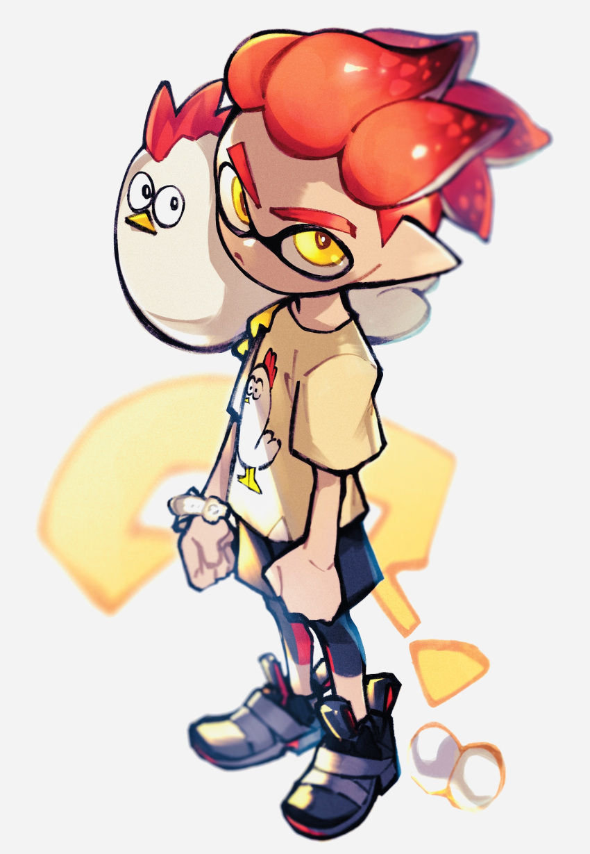 1boy ? absurdres animal animal_on_shoulder bird bird_on_shoulder black_footwear black_shorts chicken clenched_hands closed_mouth egg frown highres inari1369 inkling inkling_boy leggings leggings_under_shorts pointy_ears red_hair shirt shoes short_hair short_sleeves shorts simple_background splatoon_(series) splatoon_2 standing t-shirt tentacle_hair white_background yellow_eyes yellow_shirt