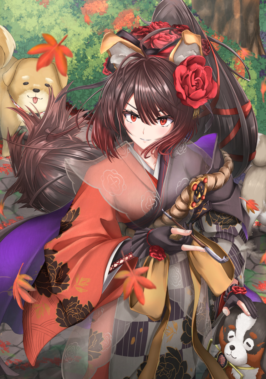 1girl ahoge animal_ears autumn_leaves brown_hair dog dog_ears fate/grand_order fate_(series) flower gloves hair_flower hair_ornament highres japanese_clothes kimono kiseru kyokutei_bakin_(fate) long_hair partially_fingerless_gloves petting ponytail red_eyes smile smoking_pipe tk-zou wide_sleeves