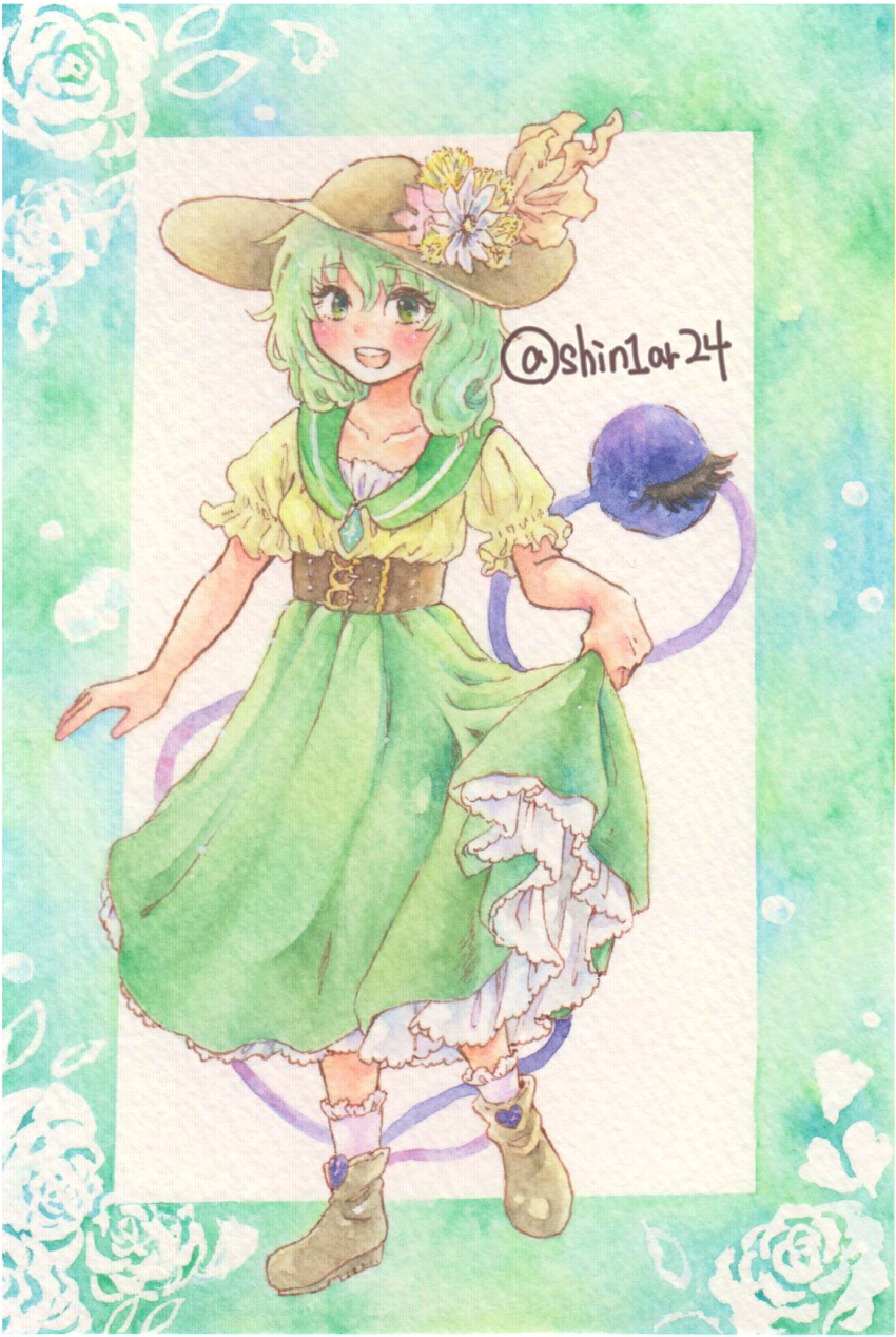 1girl :d adapted_costume blouse blue_flower brown_corset brown_footwear brown_headwear collarbone corset eyeball floral_background flower frilled_sleeves frilled_socks frills full_body green_background green_eyes green_hair green_skirt hair_between_eyes happy hat hat_flower highres komeiji_koishi long_skirt looking_at_viewer open_mouth pink_flower puffy_short_sleeves puffy_sleeves rose_background shin1ar24 shirt shoes short_sleeves skirt skirt_hold smile socks solo teeth third_eye touhou traditional_media upper_teeth watercolor_pencil_(medium) white_socks yellow_flower yellow_shirt