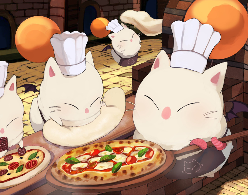 apron baking bat_wings black_apron brick_oven brick_wall chef_hat closed_eyes commentary dough final_fantasy floating food glaa_da hat highres holding indoors kneading moogle no_humans no_mouth oven oven_mitts peel_(tool) pizza whiskers white_headwear wings