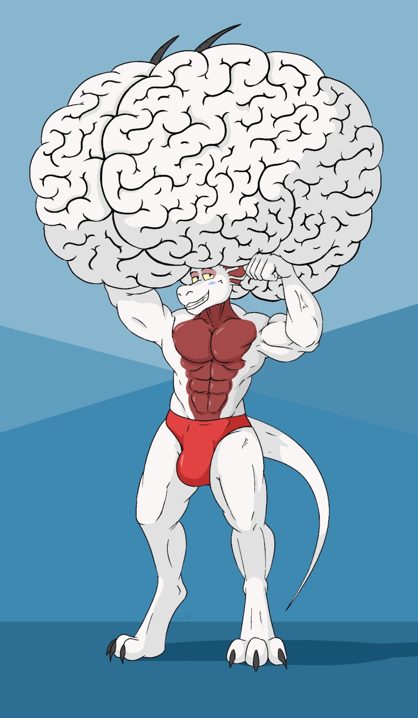anthro blue_blush blush brain brain_folds brain_growth bulge clothed clothing digitigrade dragon ear_fins fin footwear hi_res horn hyper_brain inconspicuous isaac_hanson male male/male muscular organs red_body red_clothing red_scales scales solo speedo swimwear topless topless_male vein veiny_muscles white_body white_scales