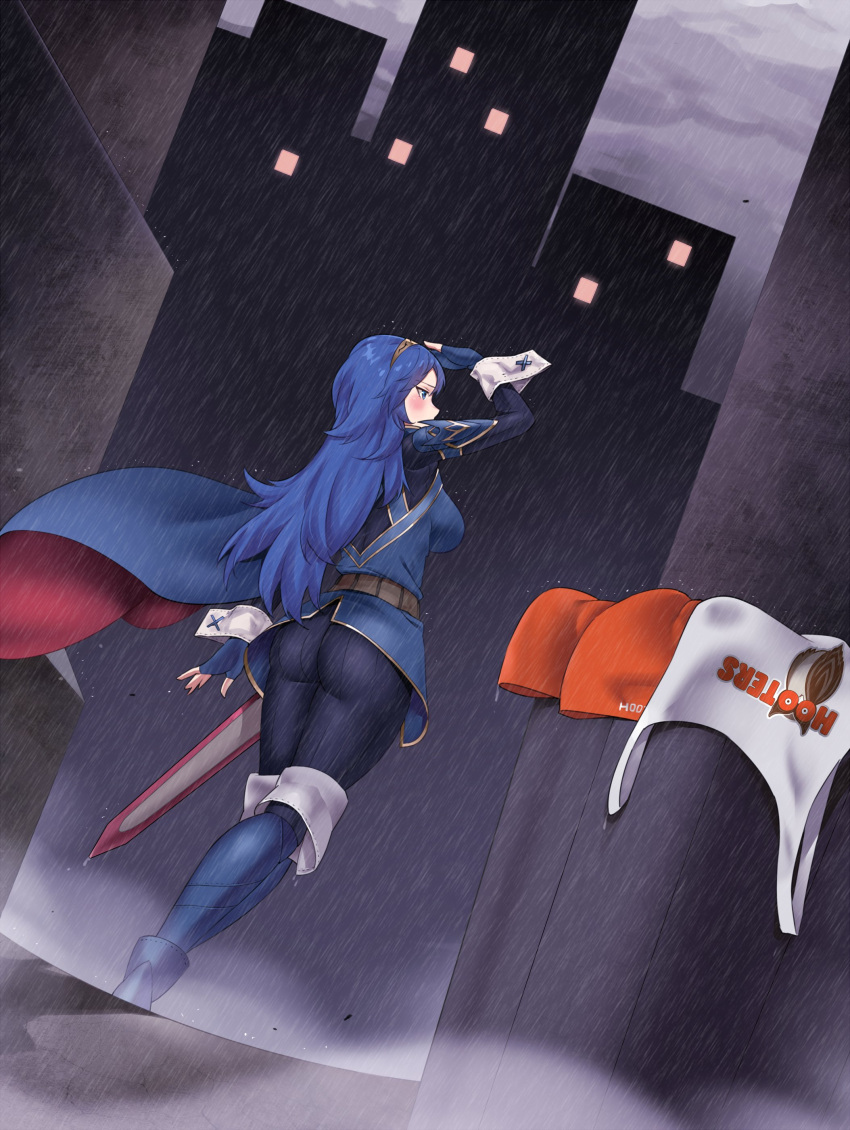 1girl absurdres ass blue_eyes blue_footwear blue_gloves blue_hair boots building city cityscape cloud cloudy_sky commission dutch_angle fingerless_gloves fire_emblem fire_emblem_awakening gloves highres hooters igni_tion leggings long_hair long_sleeves looking_away lucina_(fire_emblem) night night_sky rain raincoat sheath sheathed short_shorts shorts shorts_removed sky skyscraper solo sword thigh_boots trash_can water_drop weapon wet wet_clothes