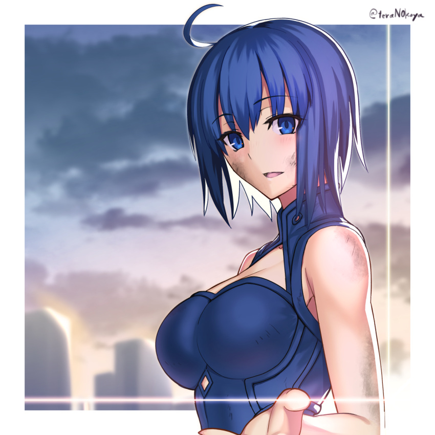 1girl ahoge bangs blue_dress blue_eyes blue_hair blush border breasts ciel_(tsukihime) cleavage_cutout clothing_cutout cloud commentary dress hair_between_eyes highres kotera_ryou large_breasts looking_at_viewer open_mouth outside_border powered_ciel reaching_out short_hair sky sleeveless sleeveless_dress smile solo sunlight tsukihime tsukihime_(remake) twitter_username upper_body white_border