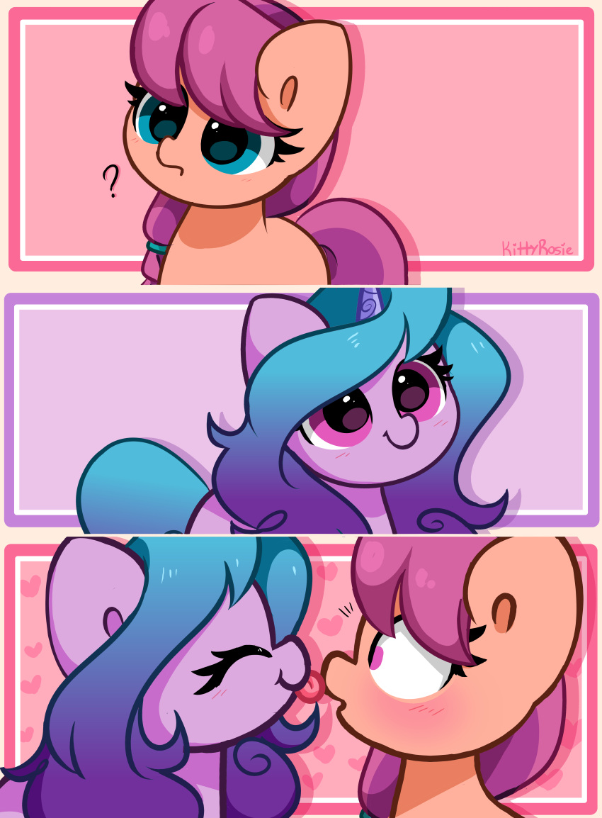 &lt;3 2022 absurd_res blue_eyes blue_hair blush digital_media_(artwork) duo earth_pony equid equine female feral friends hair happy hasbro hi_res horn horse izzy_moonbow_(mlp) kissing kittyrosie licking mammal mlp_g5 my_little_pony orange_body pink_eyes pink_hair pony purple_body smile sunny_starscout_(mlp) tongue tongue_out unicorn