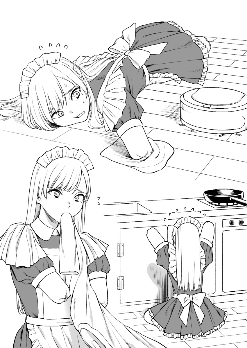 1girl amputee bow counter dorozumi frying_pan highres long_hair maid maid_headdress monochrome on_floor open_mouth original quadruple_amputee roomba shirt sink solo stove struggling sweatdrop towel waist_bow wiping