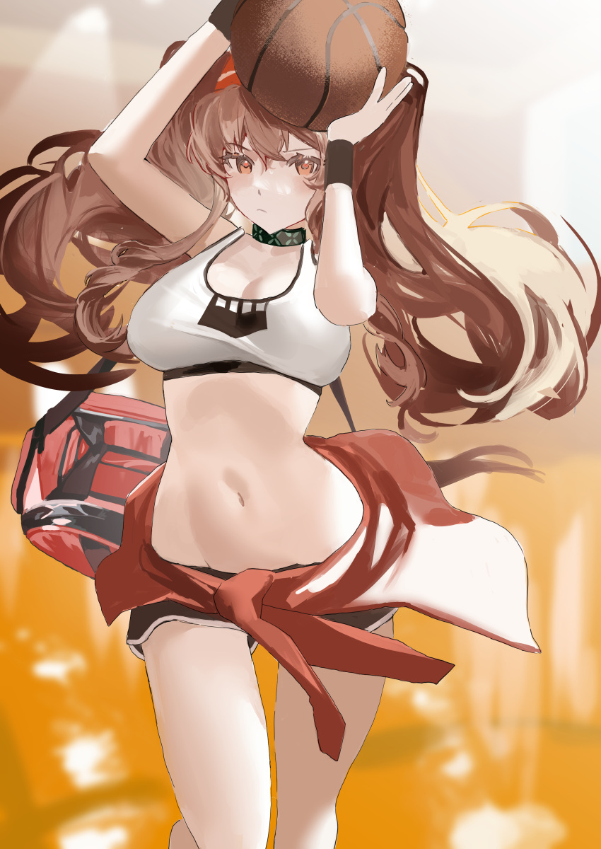 1girl absurdres angelina_(arknights) arknights bag ball basketball black_collar black_shorts breasts brown_eyes brown_hair cleavage clothes_around_waist collar cowboy_shot duffel_bag hair_between_eyes hairband highres holding holding_ball infection_monitor_(arknights) long_hair looking_at_viewer medium_breasts midriff navel official_alternate_costume paid_reward_available playing_sports red_bag red_hairband red_shirt shirt shirt_around_waist short_shorts shorts shoulder_bag solo sports_bra tanuka_(tnk0150) twintails very_long_hair white_sports_bra
