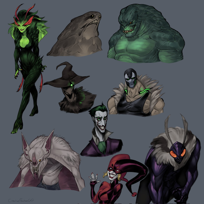 2girls 6+boys animal_ears antennae arthropod_boy artist_name bane bangs bare_shoulders bat_boy bat_ears black_headwear black_mask black_tank_top blonde_hair bodysuit breasts brown_headwear character_request clayface cleavage colored_skin creature cropped_torso dark_skin dc_comics full_body fur_trim gonnageetcher green_bodysuit green_eyes green_hair green_skin grey_background grin hand_up harlequin harley_quinn hat high_heels highres insect_wings jester_cap joker_(dc) killer_croc large_breasts long_hair man-bat mask multiple_boys multiple_girls muscular muscular_male orange_eyes pale_skin pants poison_ivy red_eyes red_headwear red_lips scarecrow_(batman) sharp_teeth short_hair simple_background smile tank_top teeth wings