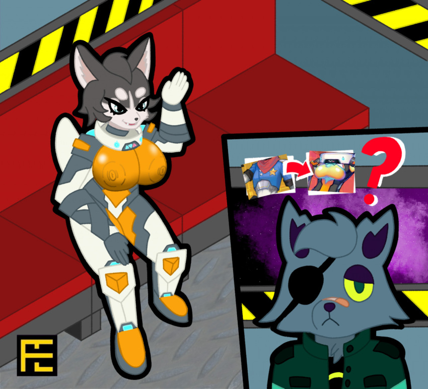 ace_(aceexcel) aceexcel anthro band-aid bandage blue_eyes canid canine canis domestic_dog eye_patch eyewear female gesture husky mammal nordic_sled_dog scarlett_(space_leaper) sitting smile solo space space_leaper:cocoon spacesuit spitz waving
