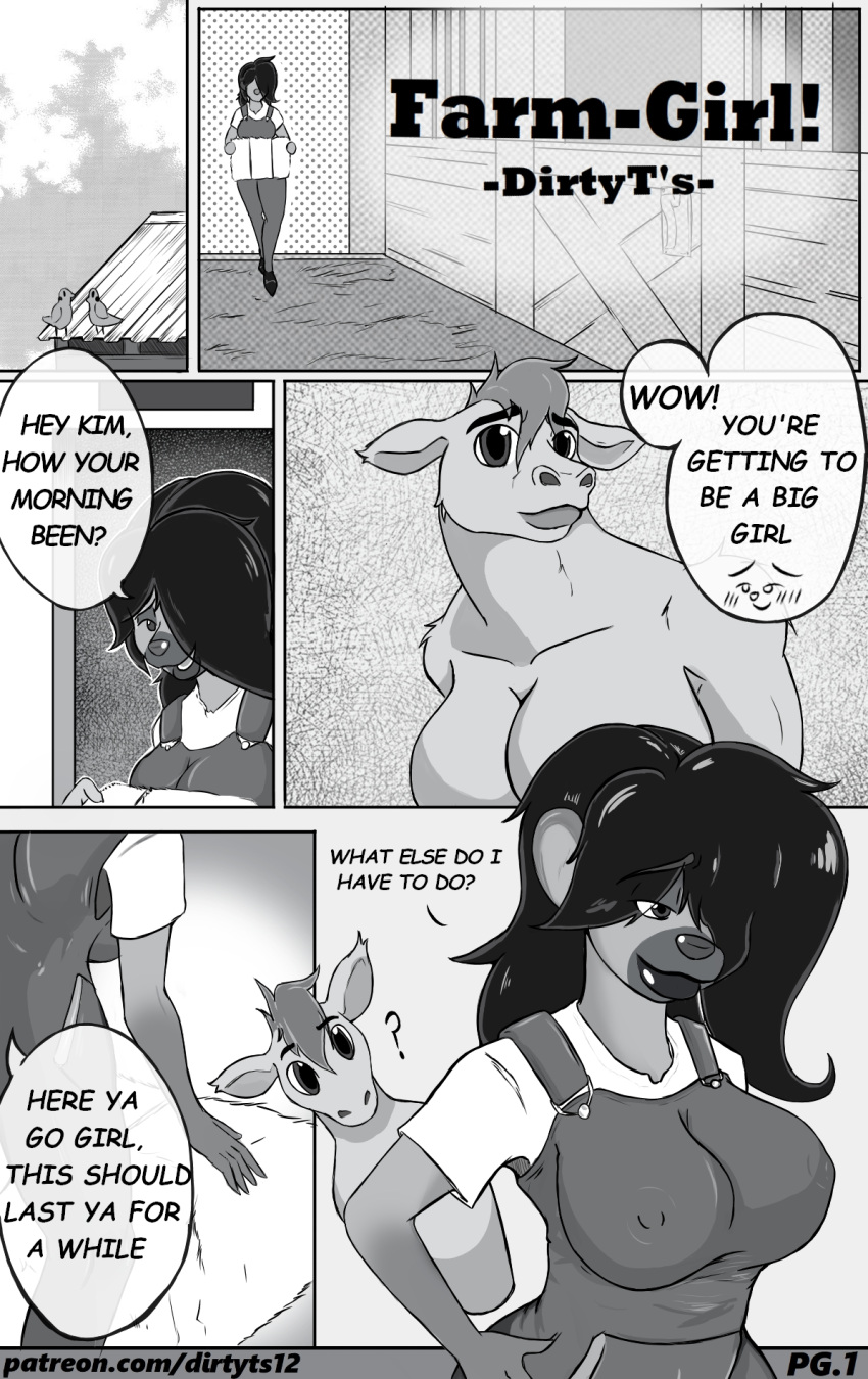 angela_(dirtyt's) anthro avian barely barn big_breasts bird bovid bovine breasts cattle clothed clothed/nude clothing comic comic_panel dirtyt's english_text female feral food hi_res humanoid hyaenid kimberly_(dirtyt's) mammal nude text work