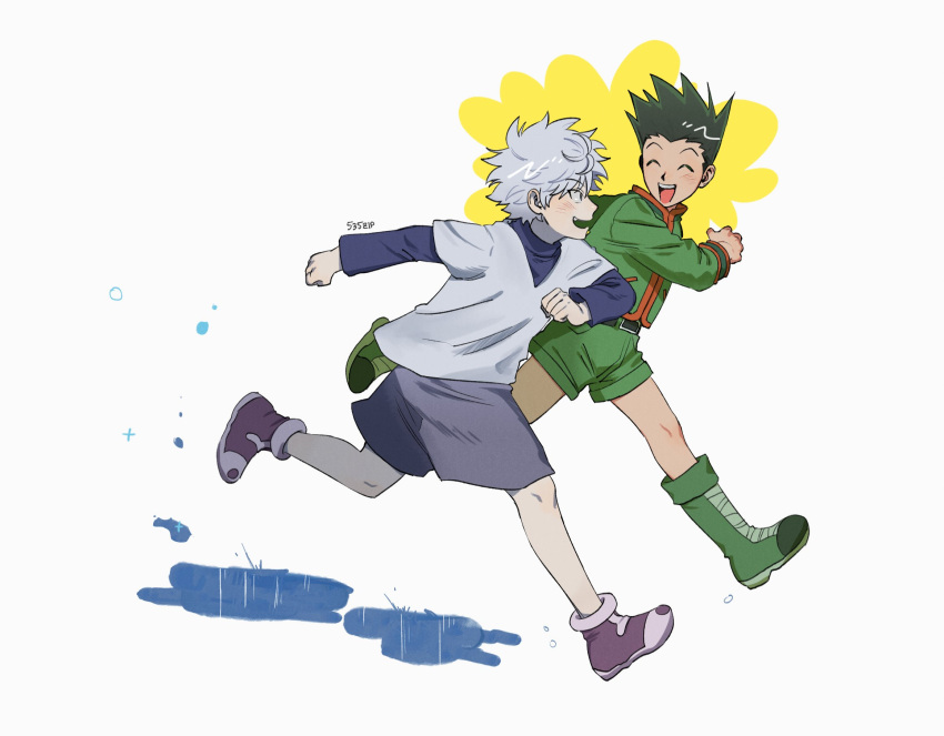 2boys 535zip ahoge black_hair gon_freecss green_footwear green_jacket green_shorts highres hunter_x_hunter jacket killua_zoldyck looking_at_another male_focus multiple_boys open_mouth puddle running shirt shorts smile spiked_hair turtleneck twitter_username white_background white_hair white_shirt