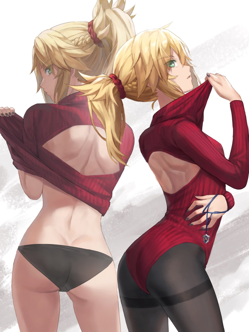 1girl ass back back_cutout bangs black_leotard blonde_hair braid breasts butt_crack clothing_cutout fate/apocrypha fate_(series) french_braid green_eyes heattech_leotard highres jewelry jewelry_removed leotard long_hair long_sleeves looking_at_viewer looking_back mordred_(fate) mordred_(fate/apocrypha) multiple_views necklace necklace_removed pantyhose parted_bangs parted_lips pendant ponytail sidelocks small_breasts thighband_pantyhose tonee