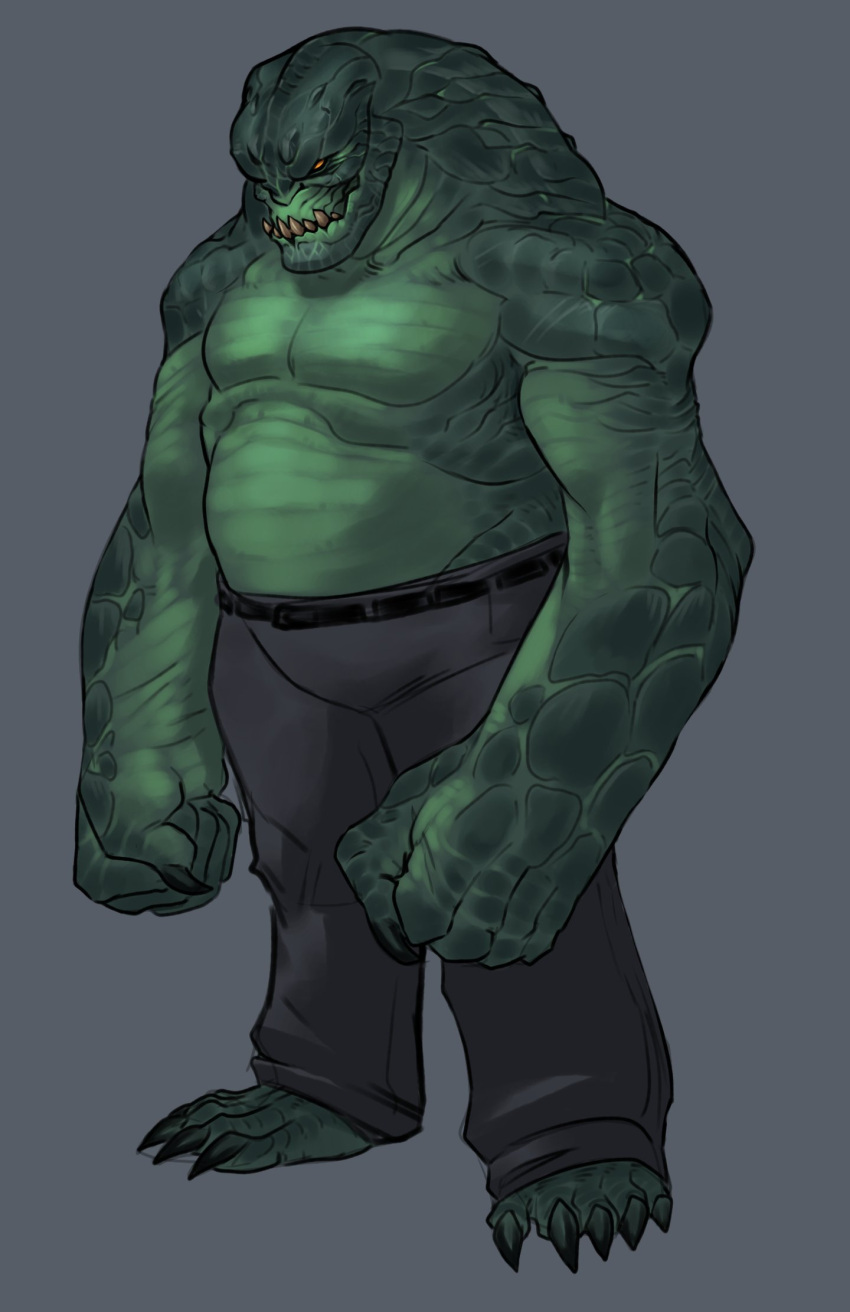 1boy belt black_belt brown_pants clenched_hands colored_skin dc_comics fingernails full_body gonnageetcher green_skin grey_background highres killer_croc male_focus muscular muscular_male pants red_eyes reptile_boy sharp_fingernails sharp_teeth sharp_toenails simple_background solo teeth toenails