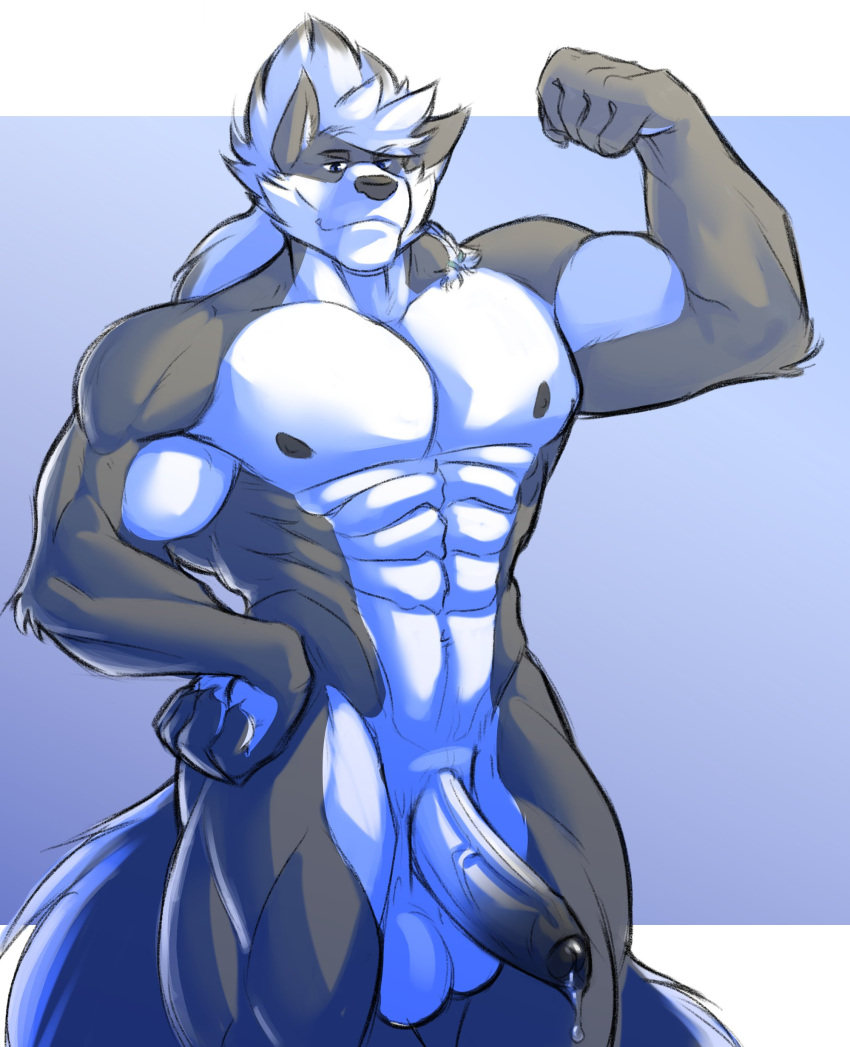 abs absurd_res anthro balls biceps bodily_fluids canid canine canis flexing flexing_bicep fluffy fluffy_tail foreskin genital_fluids genitals hi_res hyponova leaking leaking_precum looking_at_viewer male mammal muscular muscular_anthro muscular_male muscular_thighs nipples obliques pecs penis precum smile smirk solo uncircumsized_penis wolf