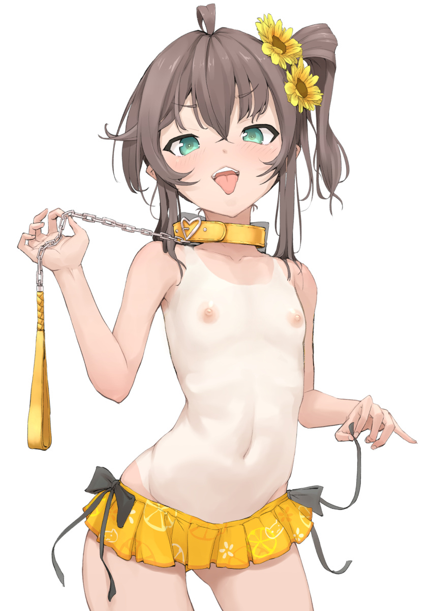 1girl ahoge bangs bikini bikini_bottom_only blue_eyes blush breasts brown_hair chain chain_leash collar cowboy_shot flower frilled_bikini frills green_eyes hair_between_eyes hair_flower hair_ornament hand_up heart_collar highres holding holding_leash hololive leash long_hair looking_at_viewer mitsuru_(pixiv_34028718) natsuiro_matsuri navel nipples one-piece_tan open_mouth side_ponytail simple_background small_breasts solo standing stomach swimsuit tan tanlines tongue tongue_out topless virtual_youtuber white_background yellow_bikini yellow_collar yellow_flower