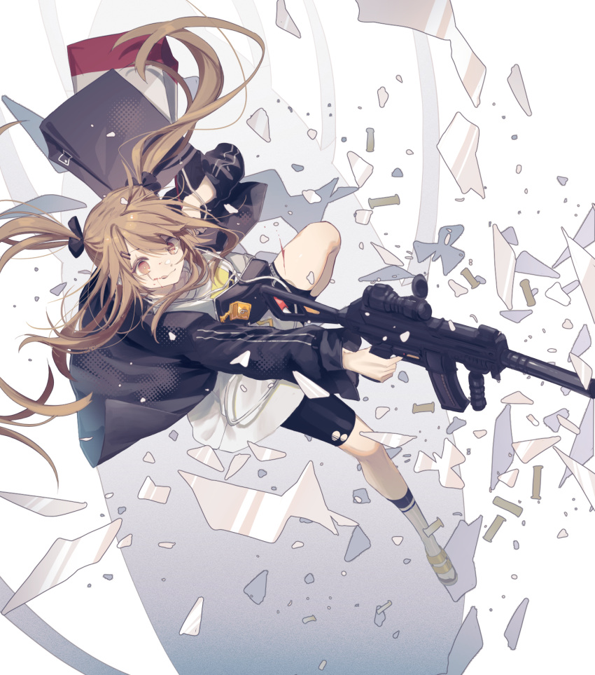 1girl arm_up bag bangs black_bag black_jacket black_shorts blood blood_on_face blood_on_leg bow brown_eyes brown_hair closed_mouth commentary full_body girls'_frontline gun h&amp;k_ump9 hair_bow hair_ornament hairpin highres holding holding_gun holding_weapon id_card jacket licking_lips long_hair long_sleeves looking_away official_alternate_costume open_clothes open_jacket print_shirt rabb_horn sandals shirt shorts shoulder_bag smile socks solo submachine_gun tongue tongue_out torn_clothes torn_shirt twintails ump9_(girls'_frontline) weapon white_shirt white_socks