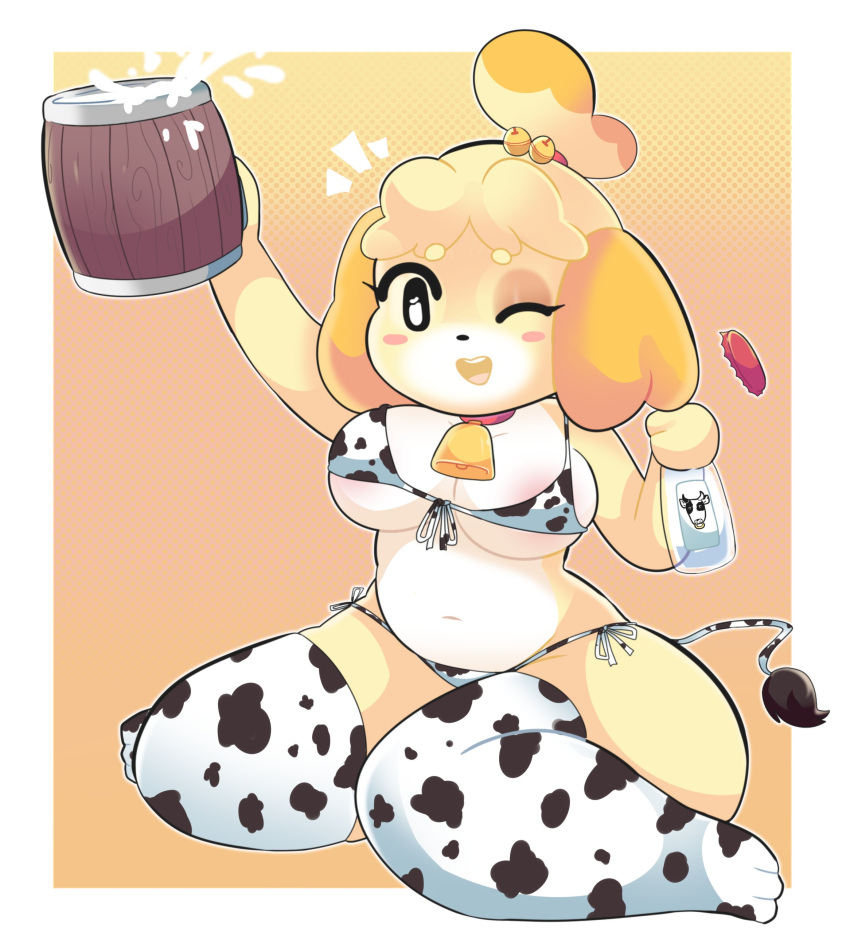 3_toes absurd_res accessory animal_crossing animal_print anthro areola bell bell_collar beverage big_breasts bikini blush bottle bottle_cap bovid bovine breasts canid canine canis cattle cleavage clothed clothing collar container cow_print cow_print_bikini cow_print_thighhighs cowbell digital_media_(artwork) domestic_dog facial_piercing feet female fingers footwear fur hair hair_accessory hair_bell hi_res holding_bottle holding_mug holding_object horn isabelle_(animal_crossing) legwear looking_at_viewer mammal midriff mug navel nintendo nose_piercing nose_ring one_eye_closed onigiri_punch open_mouth open_smile pattern_clothing pattern_swimwear piercing ring_piercing septum_piercing shih_tzu simple_background sitting smile socks solo stockings swimwear teeth thick_thighs thigh_highs toe_outline toes tongue topwear toy_dog under_boob video_games wide_hips wink yellow_body yellow_fur