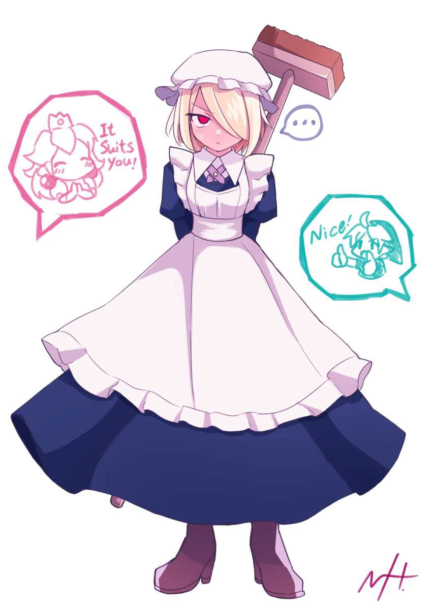 1boy 2girls absurdres apron blonde_hair closed_mouth full_body hat highres link looking_at_viewer maid mario_(series) multiple_girls princess_peach red_eyes sheik short_hair simple_background super_smash_bros. supure647 the_legend_of_zelda the_legend_of_zelda:_ocarina_of_time white_background