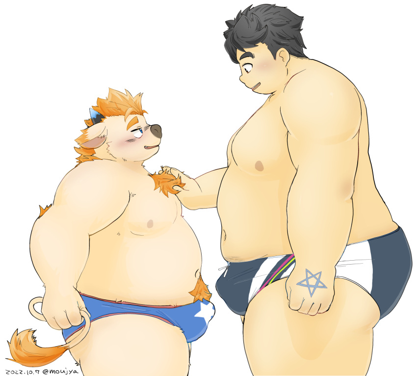 2022 anthro babe_bunyan blush bovid bovine bulge cattle chubby_protagonist_(tas) clothing duo hi_res human human_on_anthro humanoid_hands interspecies kemono lifewonders male male/male mammal moobs moujya navel nipples overweight overweight_male protagonist_(tas) simple_background tokyo_afterschool_summoners underwear video_games young