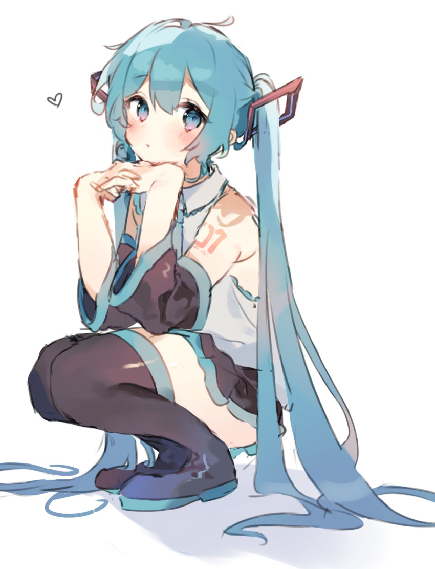 1girl aqua_eyes aqua_hair black_skirt black_thighhighs closed_mouth detached_sleeves full_body hatsune_miku heart highres long_hair looking_at_viewer number_tattoo o_(jshn3457) own_hands_together shirt simple_background sitting skirt solo squatting tattoo thighhighs twintails vocaloid white_background white_shirt